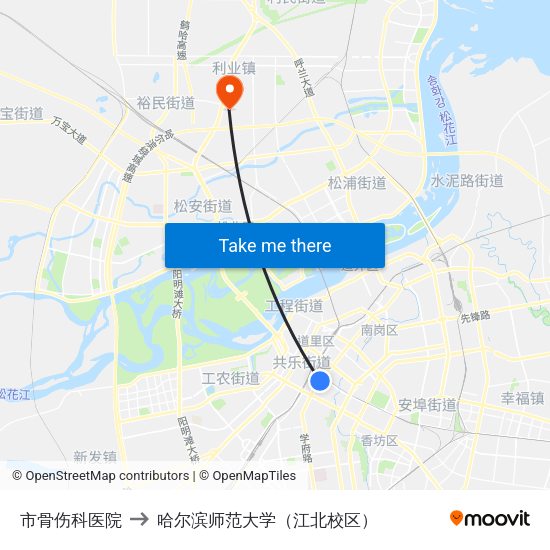 市骨伤科医院 to 哈尔滨师范大学（江北校区） map