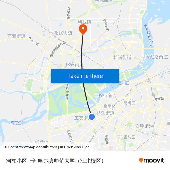 河柏小区 to 哈尔滨师范大学（江北校区） map