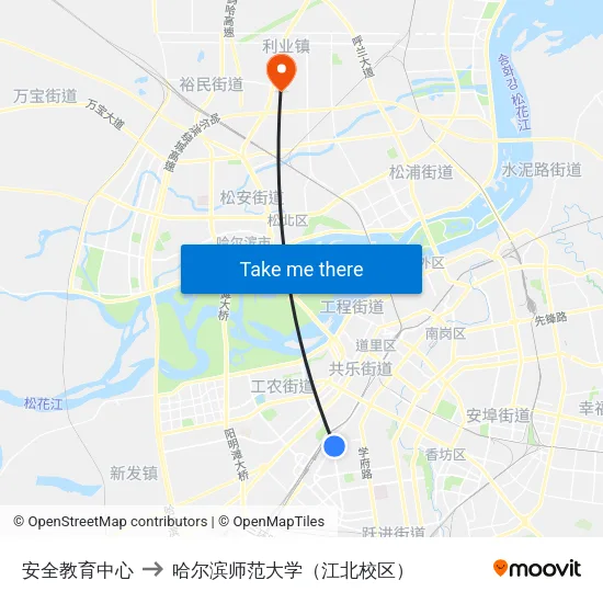 安全教育中心 to 哈尔滨师范大学（江北校区） map