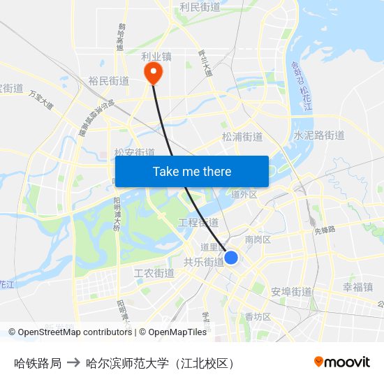 哈铁路局 to 哈尔滨师范大学（江北校区） map