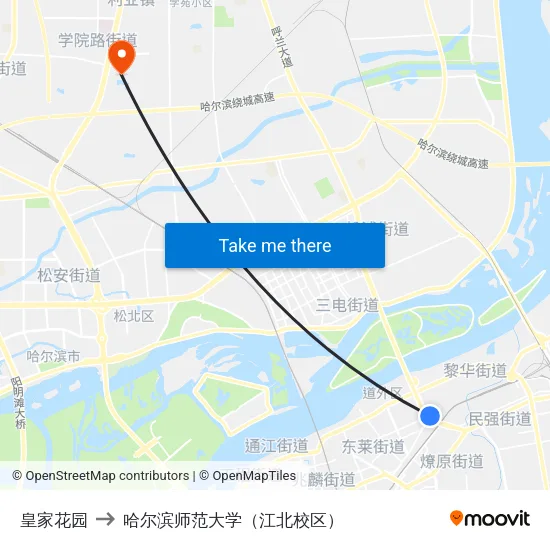 皇家花园 to 哈尔滨师范大学（江北校区） map