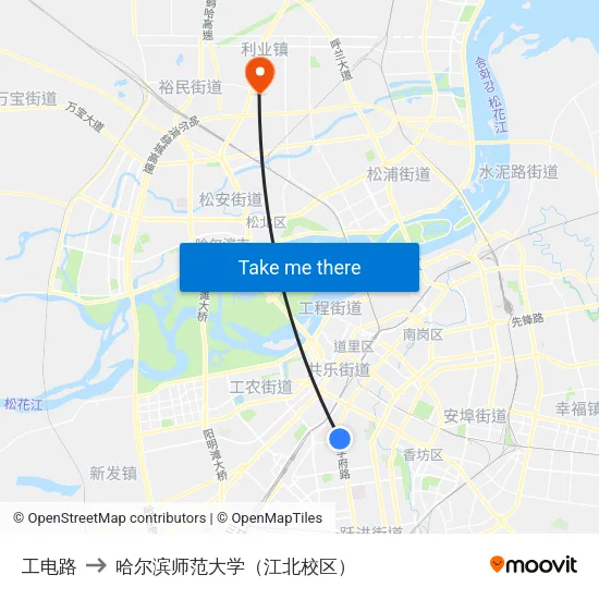 工电路 to 哈尔滨师范大学（江北校区） map