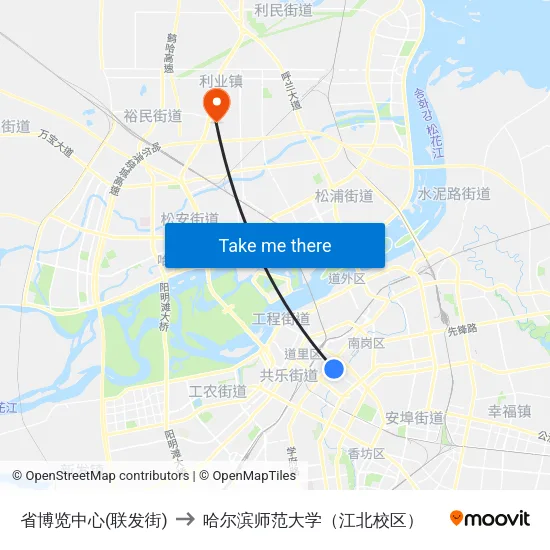 省博览中心(联发街) to 哈尔滨师范大学（江北校区） map