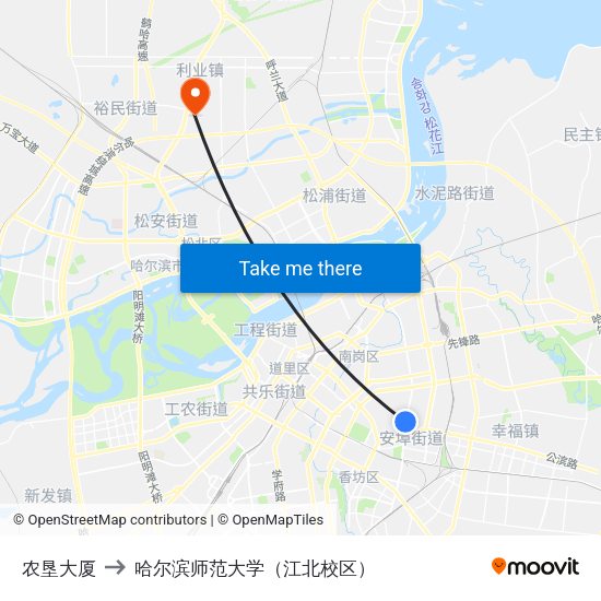 农垦大厦 to 哈尔滨师范大学（江北校区） map