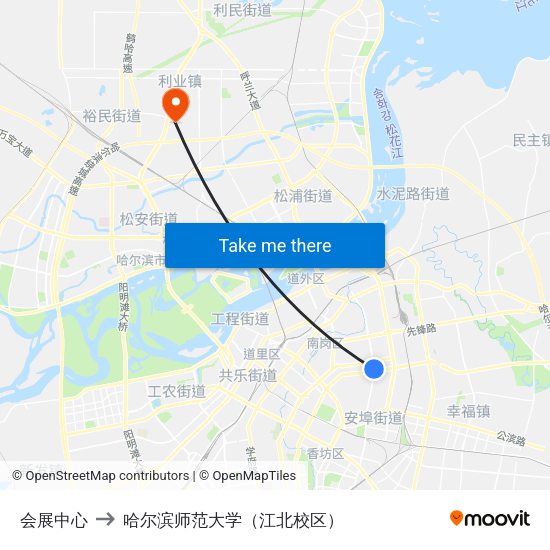 会展中心 to 哈尔滨师范大学（江北校区） map