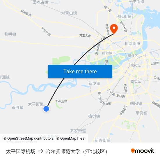 太平国际机场 to 哈尔滨师范大学（江北校区） map
