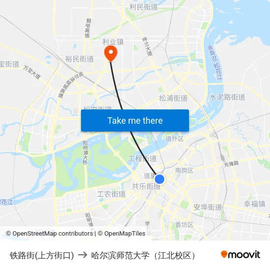 铁路街(上方街口) to 哈尔滨师范大学（江北校区） map