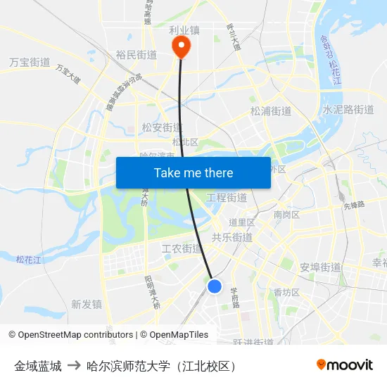 金域蓝城 to 哈尔滨师范大学（江北校区） map