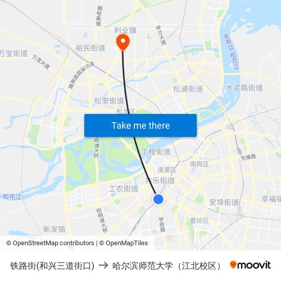 铁路街(和兴三道街口) to 哈尔滨师范大学（江北校区） map