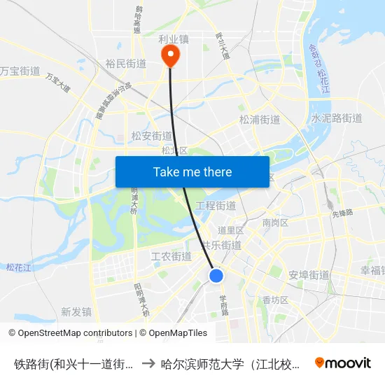 铁路街(和兴十一道街口) to 哈尔滨师范大学（江北校区） map