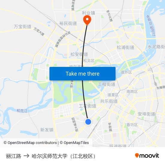 丽江路 to 哈尔滨师范大学（江北校区） map