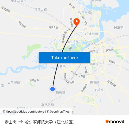 泰山岗 to 哈尔滨师范大学（江北校区） map