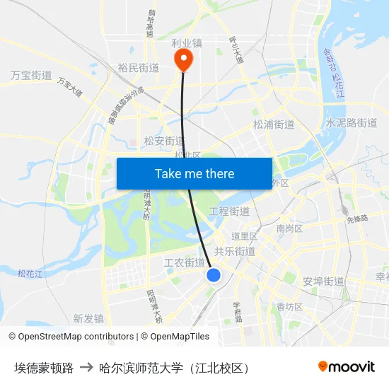埃德蒙顿路 to 哈尔滨师范大学（江北校区） map