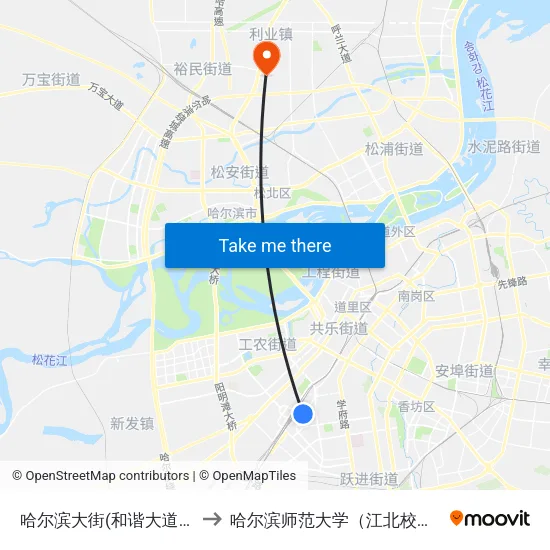 哈尔滨大街(和谐大道口) to 哈尔滨师范大学（江北校区） map