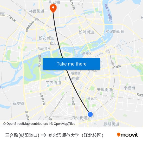 三合路(朝阳道口) to 哈尔滨师范大学（江北校区） map
