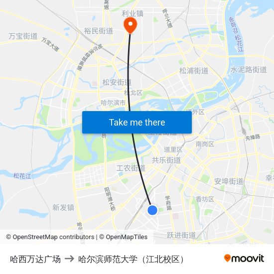 哈西万达广场 to 哈尔滨师范大学（江北校区） map