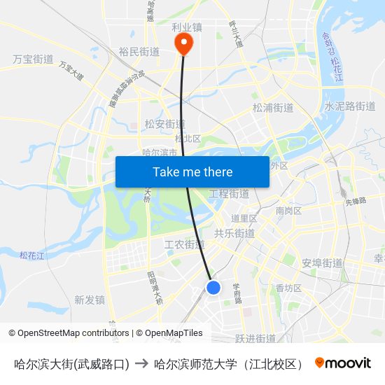 哈尔滨大街(武威路口) to 哈尔滨师范大学（江北校区） map