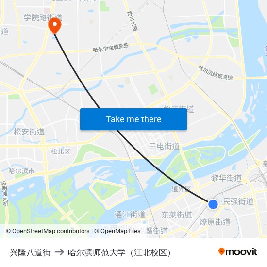 兴隆八道街 to 哈尔滨师范大学（江北校区） map