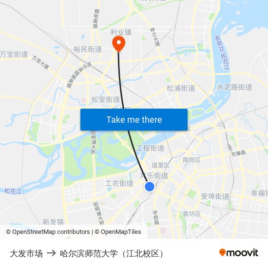 大发市场 to 哈尔滨师范大学（江北校区） map