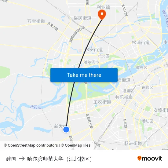 建国 to 哈尔滨师范大学（江北校区） map