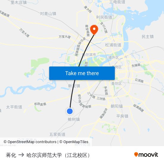 蒋化 to 哈尔滨师范大学（江北校区） map