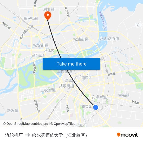 汽轮机厂 to 哈尔滨师范大学（江北校区） map