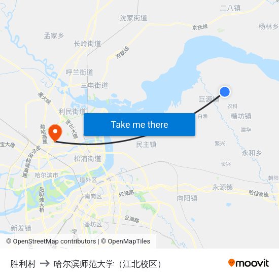 胜利村 to 哈尔滨师范大学（江北校区） map