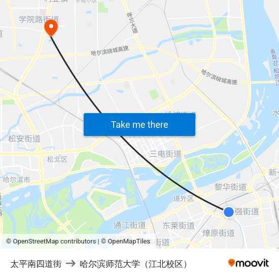 太平南四道街 to 哈尔滨师范大学（江北校区） map