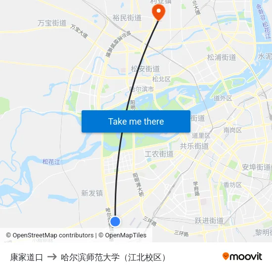康家道口 to 哈尔滨师范大学（江北校区） map
