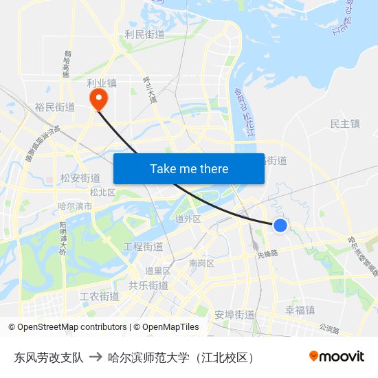 东风劳改支队 to 哈尔滨师范大学（江北校区） map