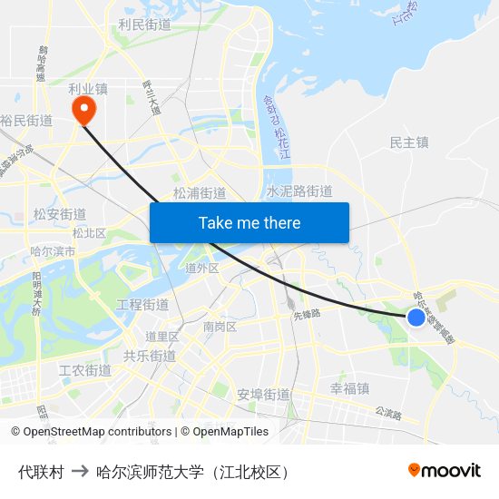 代联村 to 哈尔滨师范大学（江北校区） map