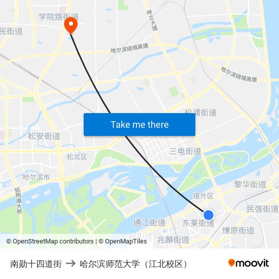 南勋十四道街 to 哈尔滨师范大学（江北校区） map