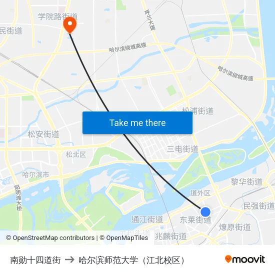南勋十四道街 to 哈尔滨师范大学（江北校区） map