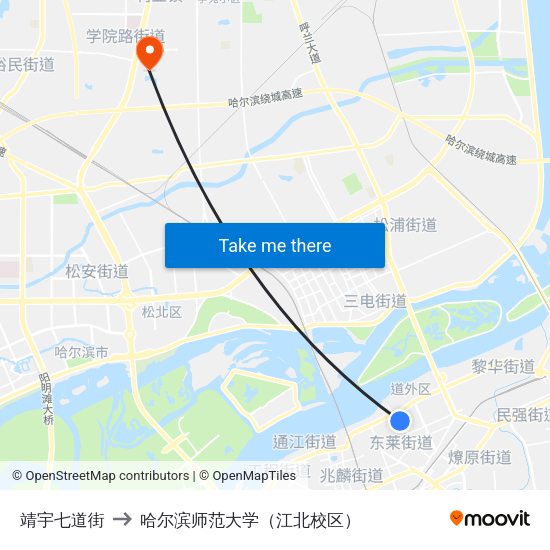 靖宇七道街 to 哈尔滨师范大学（江北校区） map