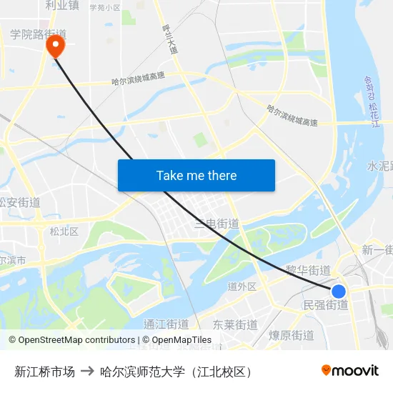 新江桥市场 to 哈尔滨师范大学（江北校区） map