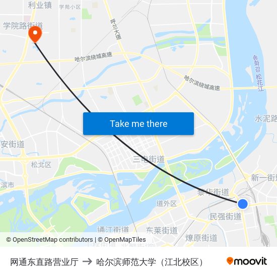 网通东直路营业厅 to 哈尔滨师范大学（江北校区） map