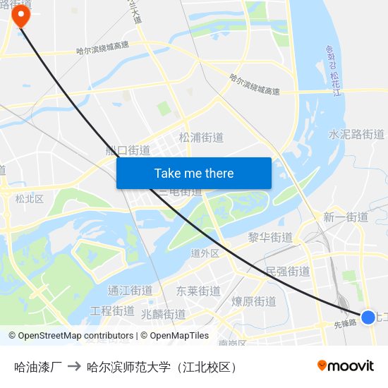 哈油漆厂 to 哈尔滨师范大学（江北校区） map