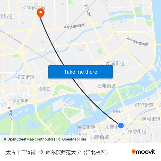 太古十二道街 to 哈尔滨师范大学（江北校区） map