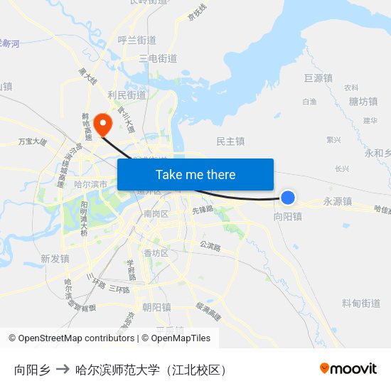 向阳乡 to 哈尔滨师范大学（江北校区） map
