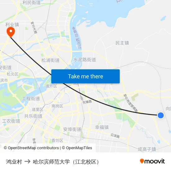 鸿业村 to 哈尔滨师范大学（江北校区） map