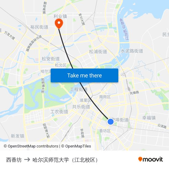 西香坊 to 哈尔滨师范大学（江北校区） map
