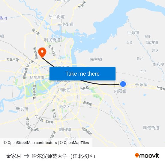 金家村 to 哈尔滨师范大学（江北校区） map