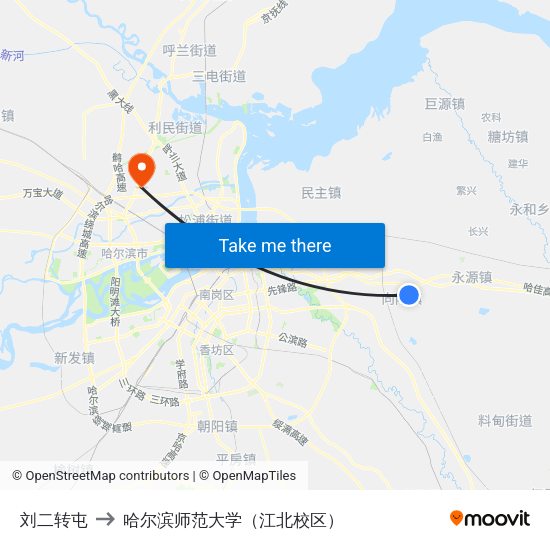 刘二转屯 to 哈尔滨师范大学（江北校区） map