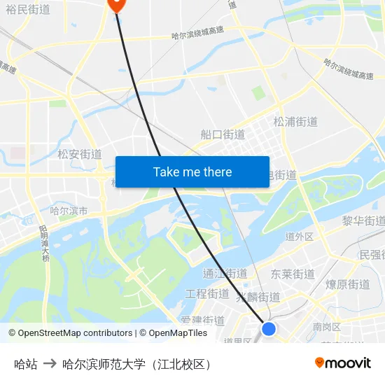哈站 to 哈尔滨师范大学（江北校区） map