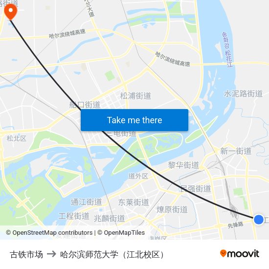 古铁市场 to 哈尔滨师范大学（江北校区） map