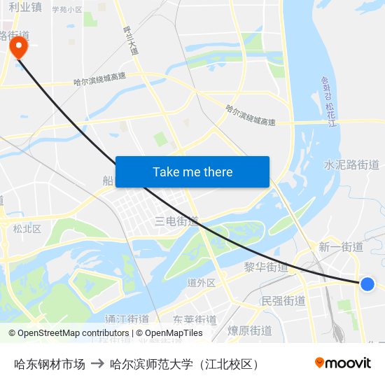 哈东钢材市场 to 哈尔滨师范大学（江北校区） map