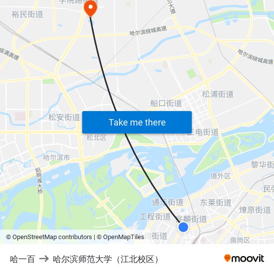 哈一百 to 哈尔滨师范大学（江北校区） map