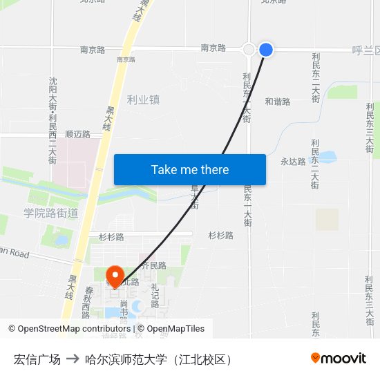 宏信广场 to 哈尔滨师范大学（江北校区） map