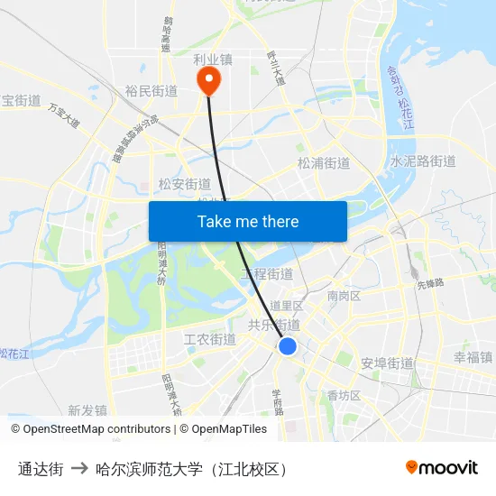 通达街 to 哈尔滨师范大学（江北校区） map