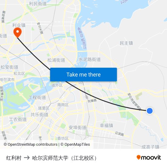 红利村 to 哈尔滨师范大学（江北校区） map